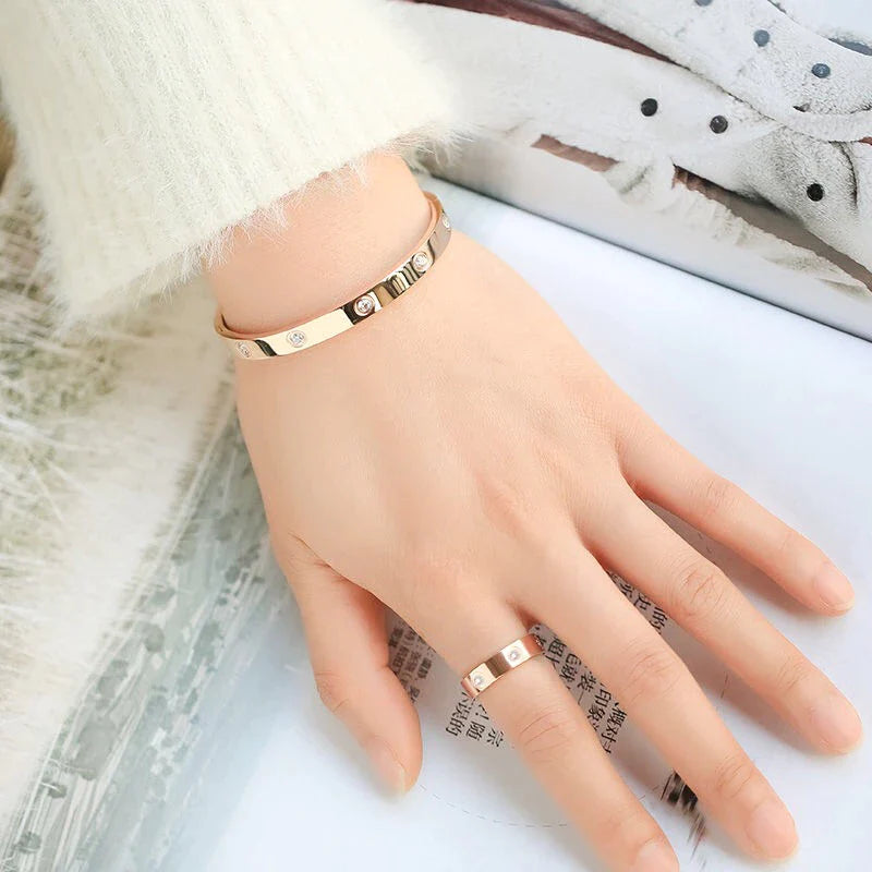 Luxury Crystal Bangle & Ring Set – Stainless Steel