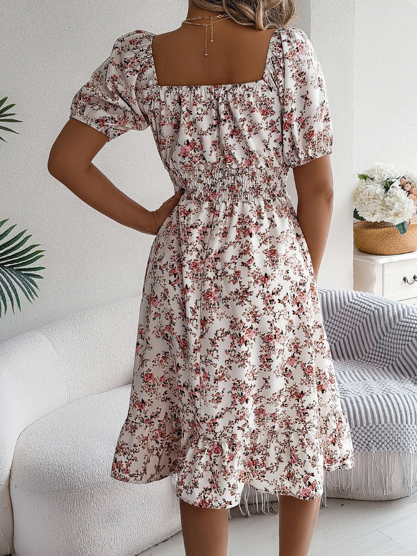 Floral Ruffle Dress with Square Neckline – Summer Style