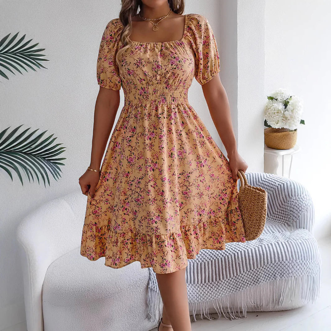 Floral Ruffle Dress with Square Neckline – Summer Style