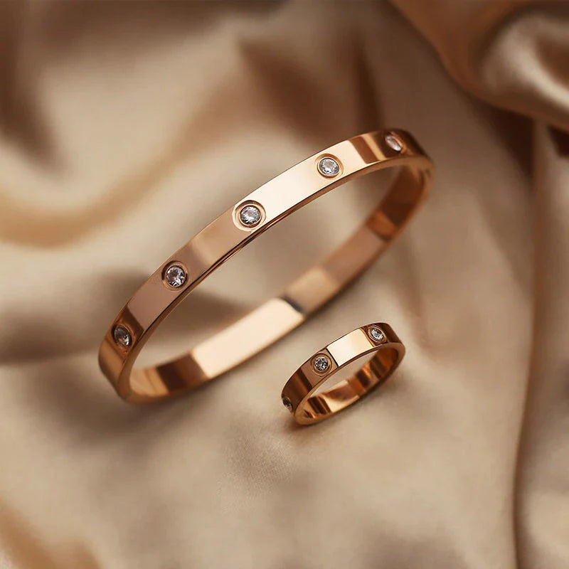 Luxury Crystal Bangle & Ring Set – Stainless Steel