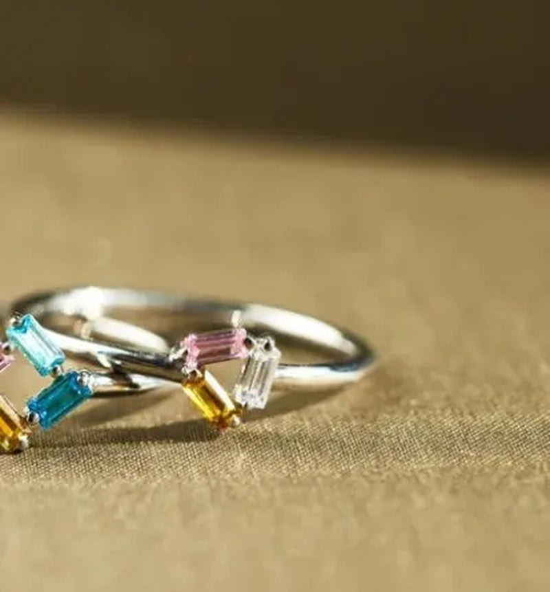 925 Silver Rectangular Birthstone Ring for Women - Elegant Fashion Design with Customizable Diamond Color (Sizes 3-6)