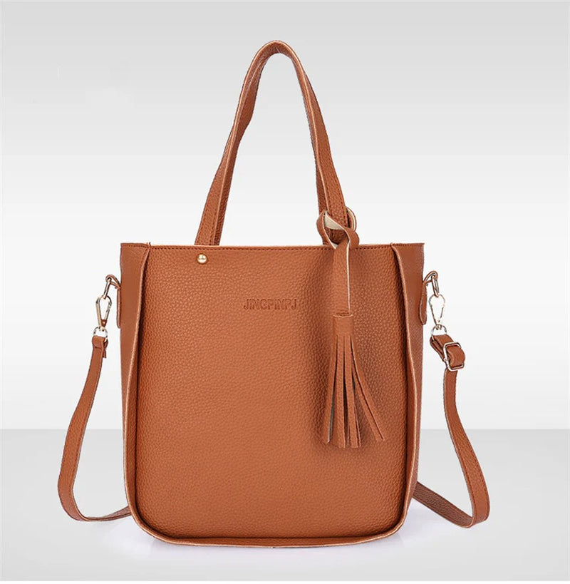 Elegant Tassel Bucket Bag Set – Versatile 4-in-1 Handbag