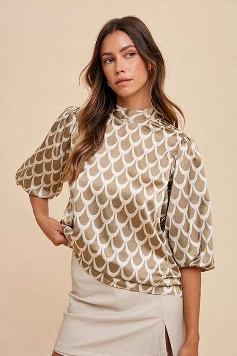 Playful Prints Mock Neck Tie-Back Blouse