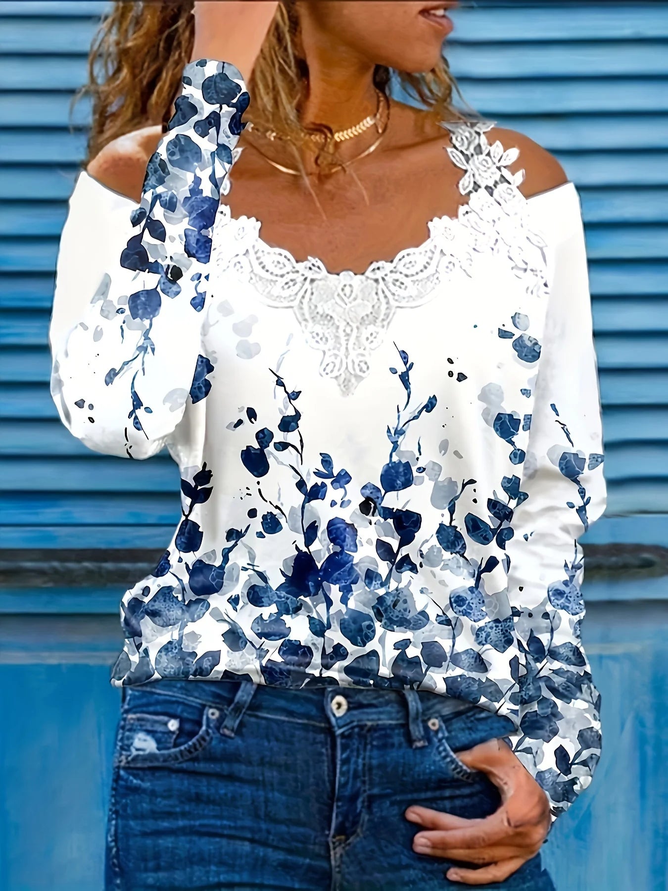 Floral Escape Off-the-Shoulder Lace Sleeve Top