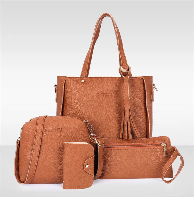 Elegant Tassel Bucket Bag Set – Versatile 4-in-1 Handbag