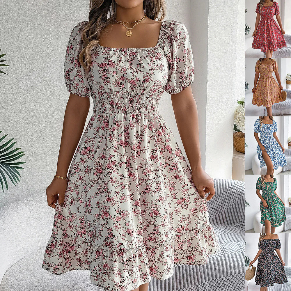 Floral Ruffle Dress with Square Neckline – Summer Style
