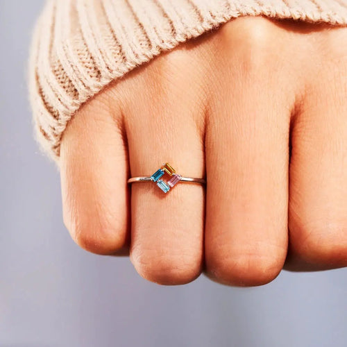 925 Silver Rectangular Birthstone Ring for Women - Elegant Fashion Design with Customizable Diamond Color (Sizes 3-6)
