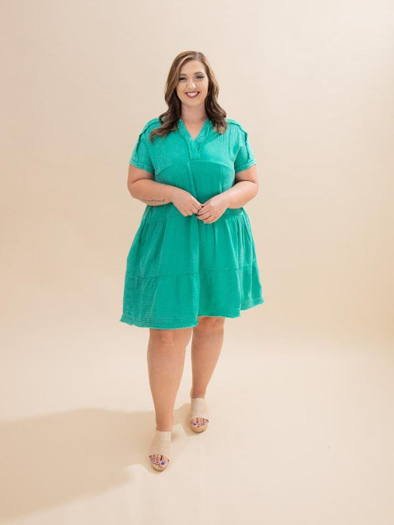 Zenana Washed Double Gauze V Neck Tiered Dress W/ Pockets | S/M-L/XL