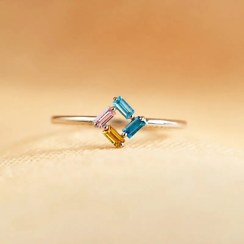 925 Silver Rectangular Birthstone Ring for Women - Elegant Fashion Design with Customizable Diamond Color (Sizes 3-6)