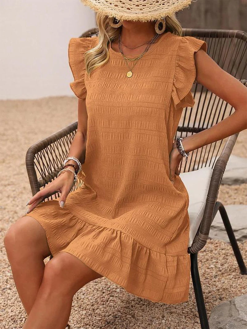Boho Ruffle Smock Dress with Cut-Out & Butterfly Sleeves