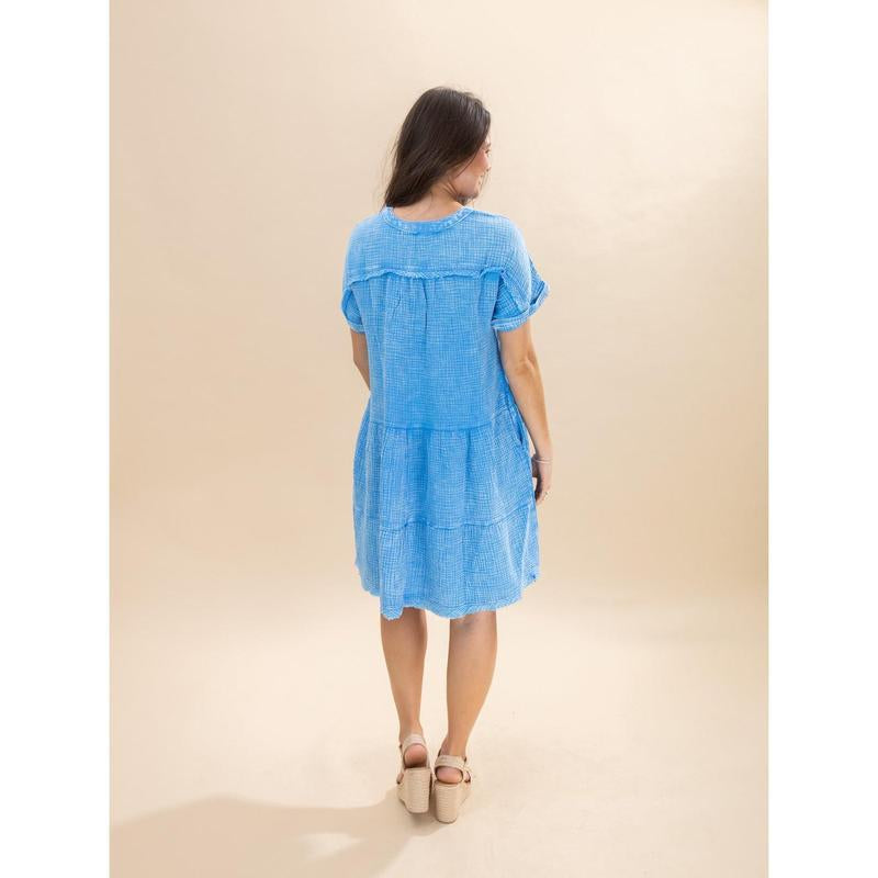 Zenana Washed Double Gauze V Neck Tiered Dress W/ Pockets | S/M-L/XL