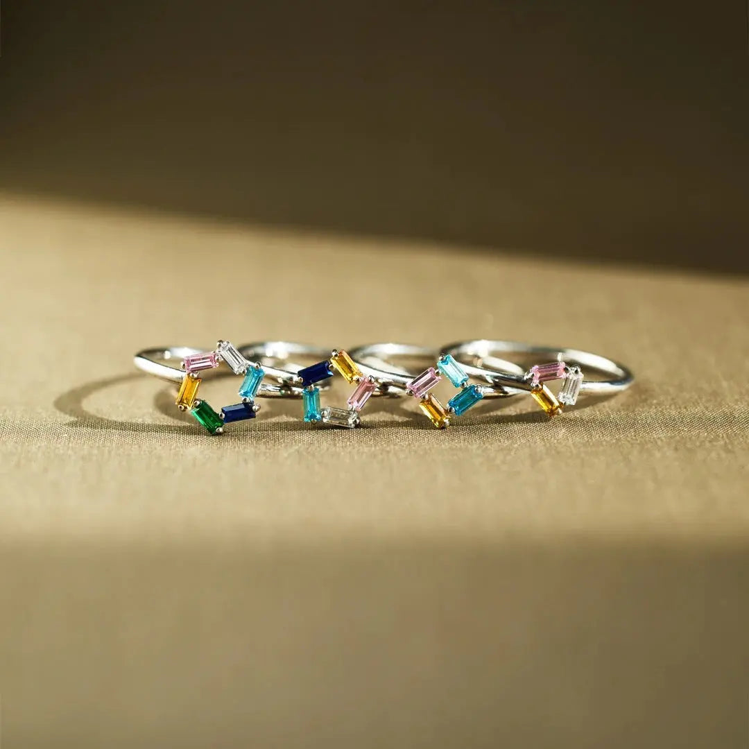 925 Silver Rectangular Birthstone Ring for Women - Elegant Fashion Design with Customizable Diamond Color (Sizes 3-6)
