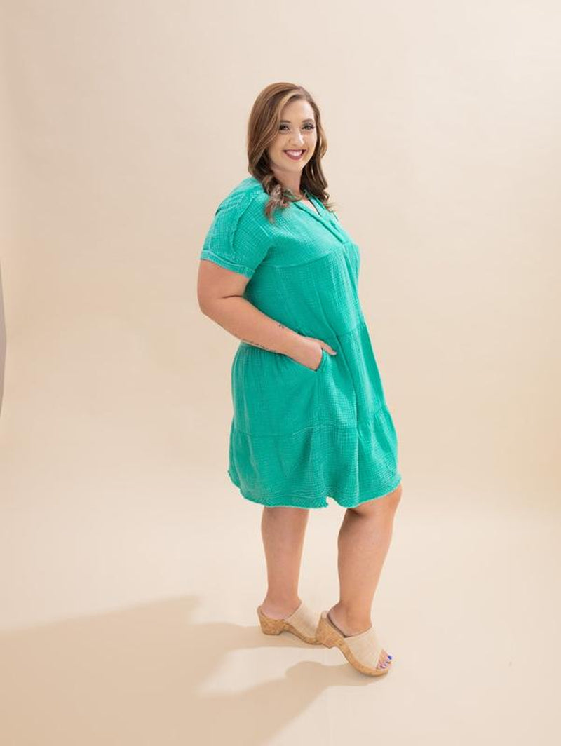 Zenana Washed Double Gauze V Neck Tiered Dress W/ Pockets | S/M-L/XL
