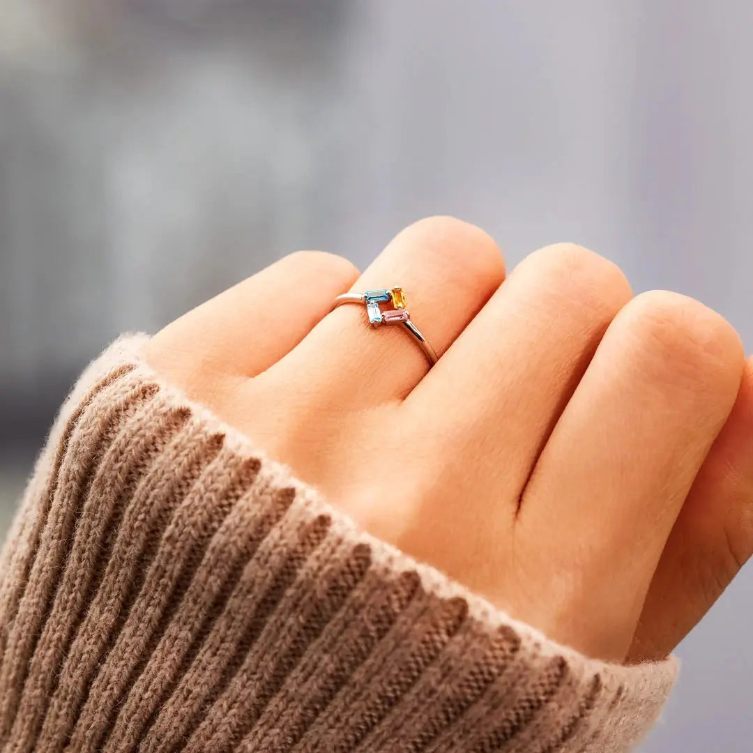 925 Silver Rectangular Birthstone Ring for Women - Elegant Fashion Design with Customizable Diamond Color (Sizes 3-6)
