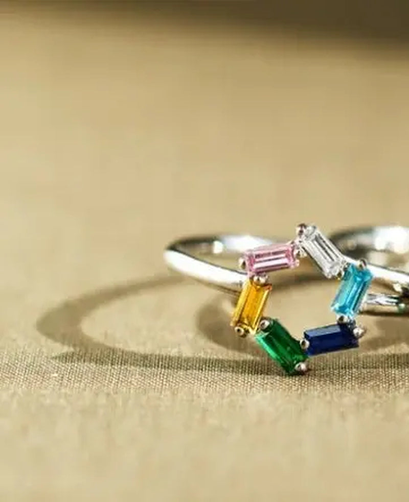 925 Silver Rectangular Birthstone Ring for Women - Elegant Fashion Design with Customizable Diamond Color (Sizes 3-6)