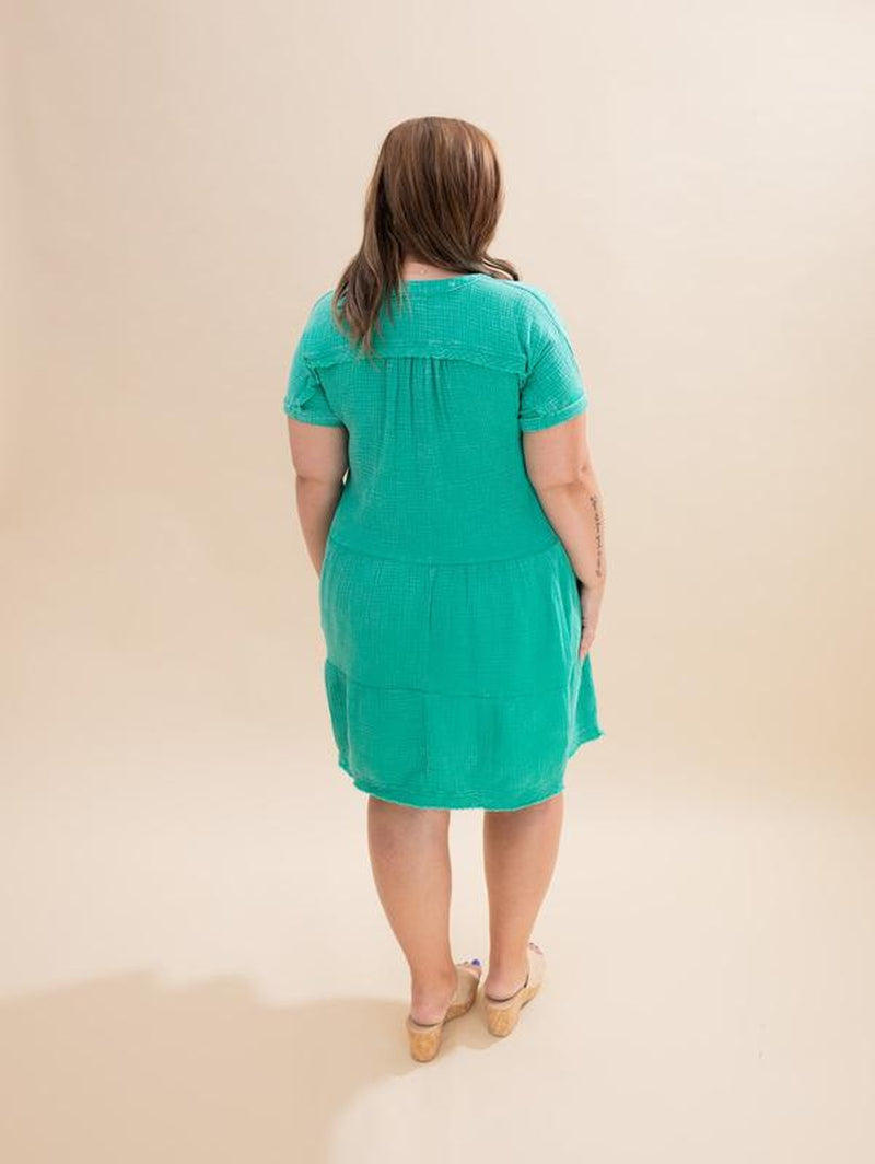 Zenana Washed Double Gauze V Neck Tiered Dress W/ Pockets | S/M-L/XL