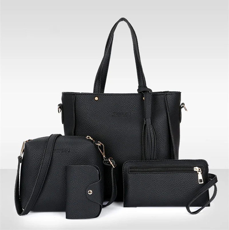 Elegant Tassel Bucket Bag Set – Versatile 4-in-1 Handbag